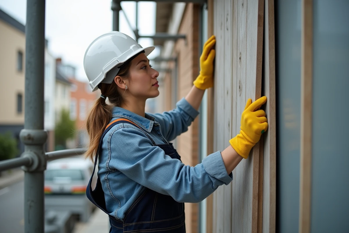 Jeune femme posant un revêtement fibrecouture sur une façade urbaine
