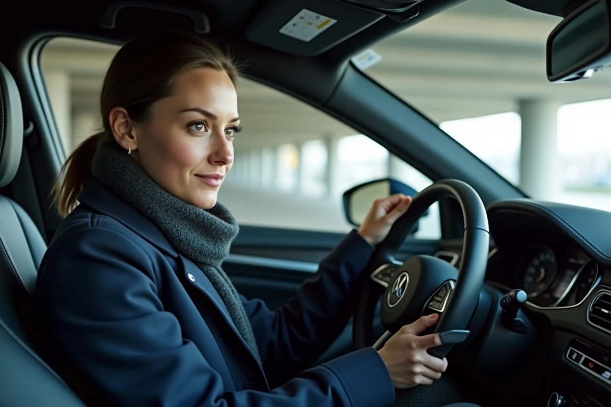 Femme assise dans une voiture moderne en intérieur