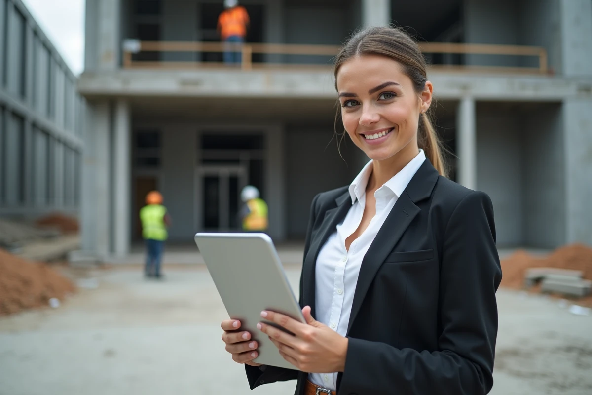 Jeune femme professionnelle sur un site de construction avec tablette