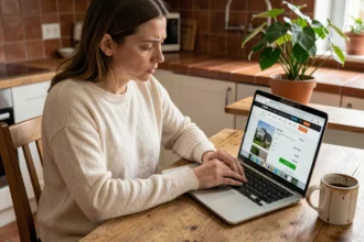 Femme consultant les prix d'un site immobilier sur son ordinateur portable dans une cuisine moderne