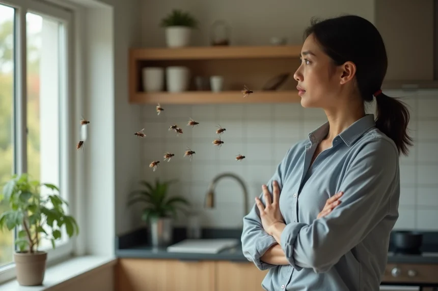 Femme inquiète dans sa cuisine face à une nuée de mouches