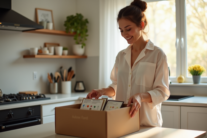 Jeune femme dans une cuisine moderne déballant une box de café