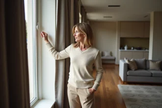 Femme en intérieur près d'une grande fenêtre avec rideaux foncés