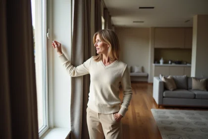 Femme en intérieur près d'une grande fenêtre avec rideaux foncés