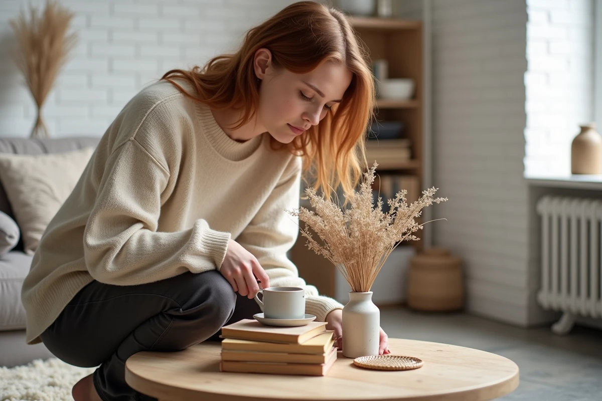 Jeune femme arrangeant une décoration intérieure minimaliste et abordable sur une table basse en bois dans un appartement scandinave