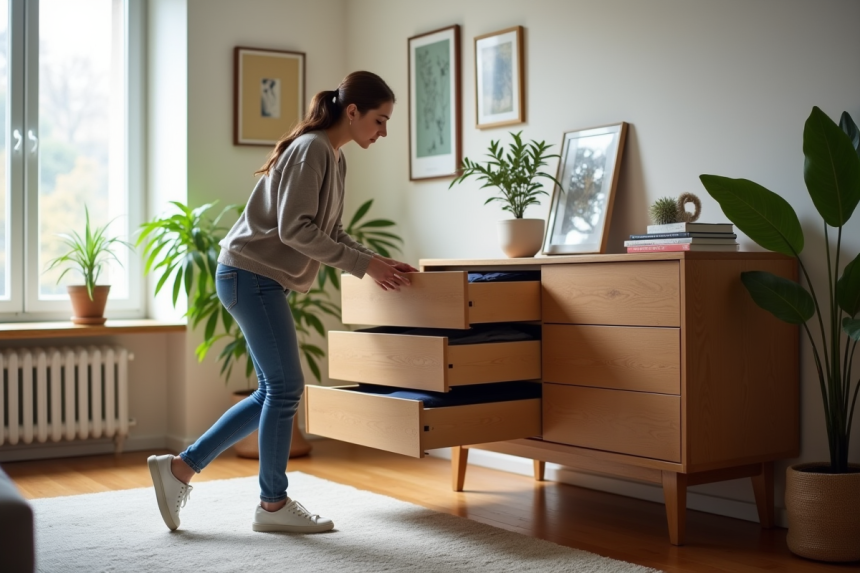 Femme poussant une commode en bois dans un salon spacieux