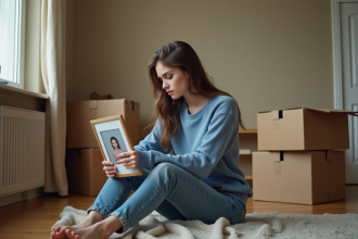 Jeune femme pensant dans une pièce en transition