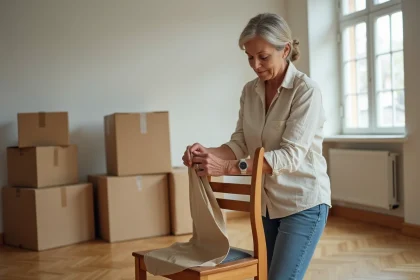 Femme préparant ses meubles pour un déménagement en emballant une chaise en bois dans un appartement vide