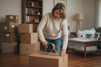 Femme emballant une boîte de déménagement dans son salon