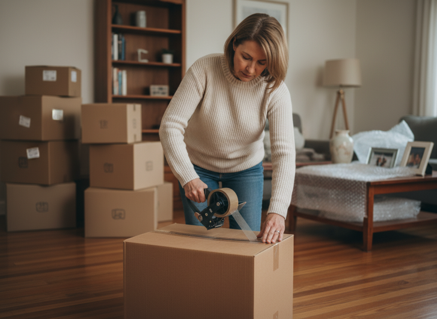 Femme emballant une boîte de déménagement dans son salon
