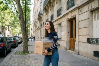 Jeune femme souriante portant une boîte de déménagement dans Paris