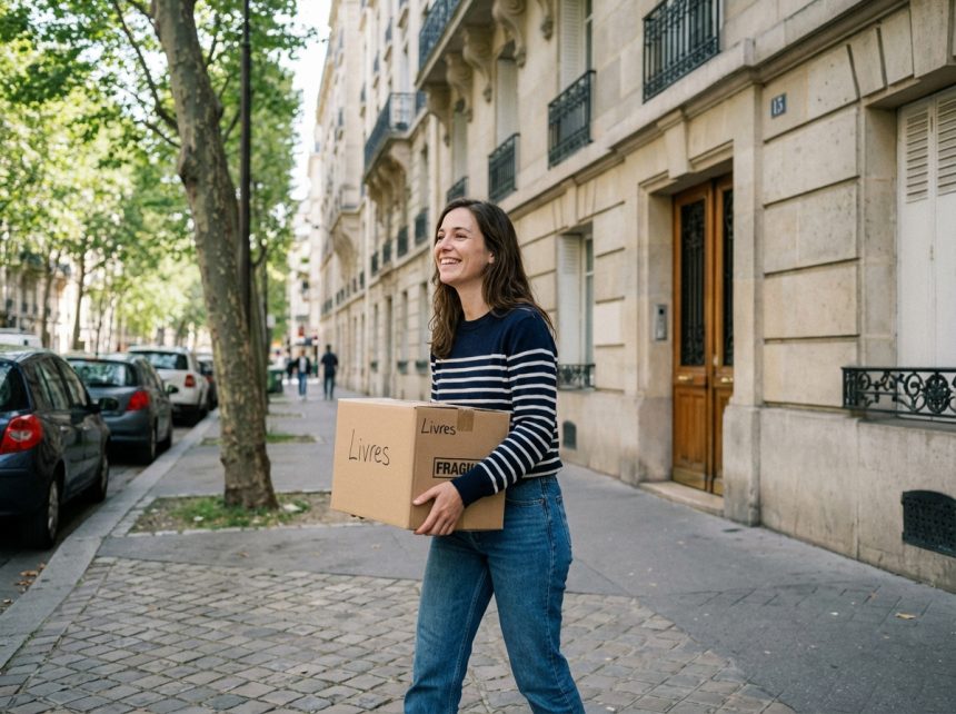 Jeune femme souriante portant une boîte de déménagement dans Paris