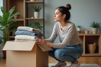 Femme pliant des pulls dans un appartement en transition