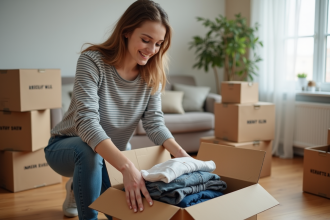 Jeune femme souriante avec carton de déménagement dans un appartement