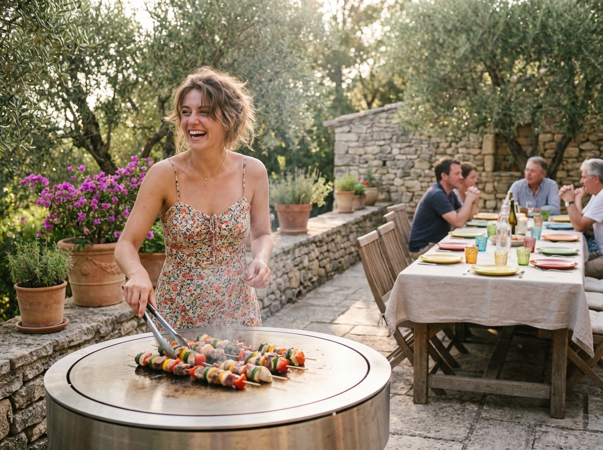 Jeune femme souriante tourne des brochettes sur la plancha