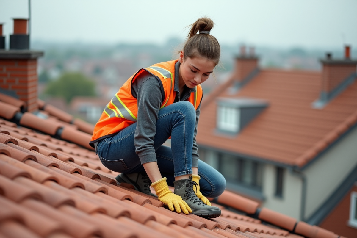 Jeune femme inspectant une tuile sur un toit en terre cuite