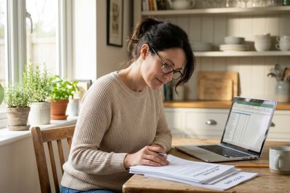 Femme regardant documents d'installation solaire dans une cuisine