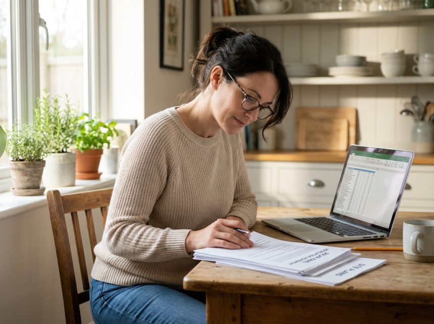 Femme regardant documents d'installation solaire dans une cuisine