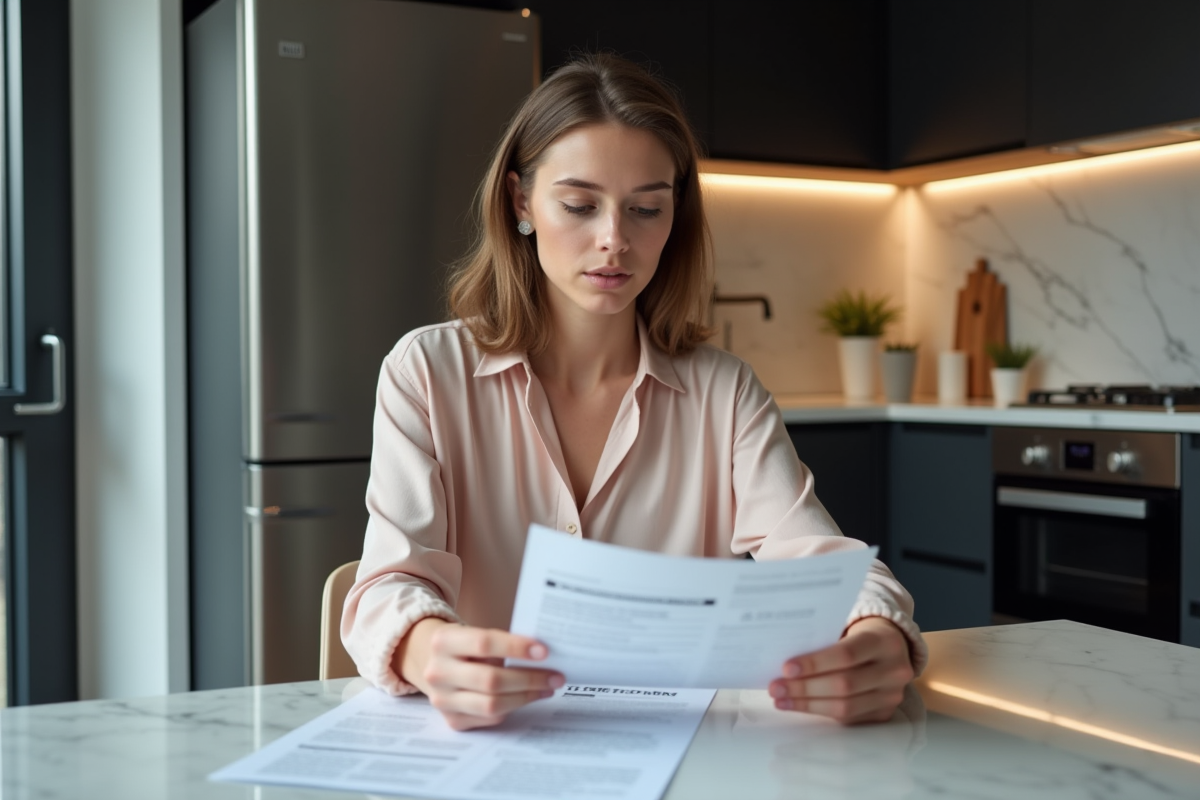 Femme examinant une facture de cuisine dans un appartement