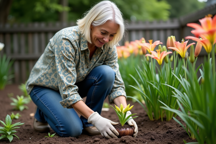 Femme plantant des bulbes de lys dans un jardin fleuri