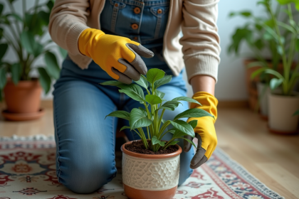Femme d'âge moyen en jardinant dans un intérieur cosy