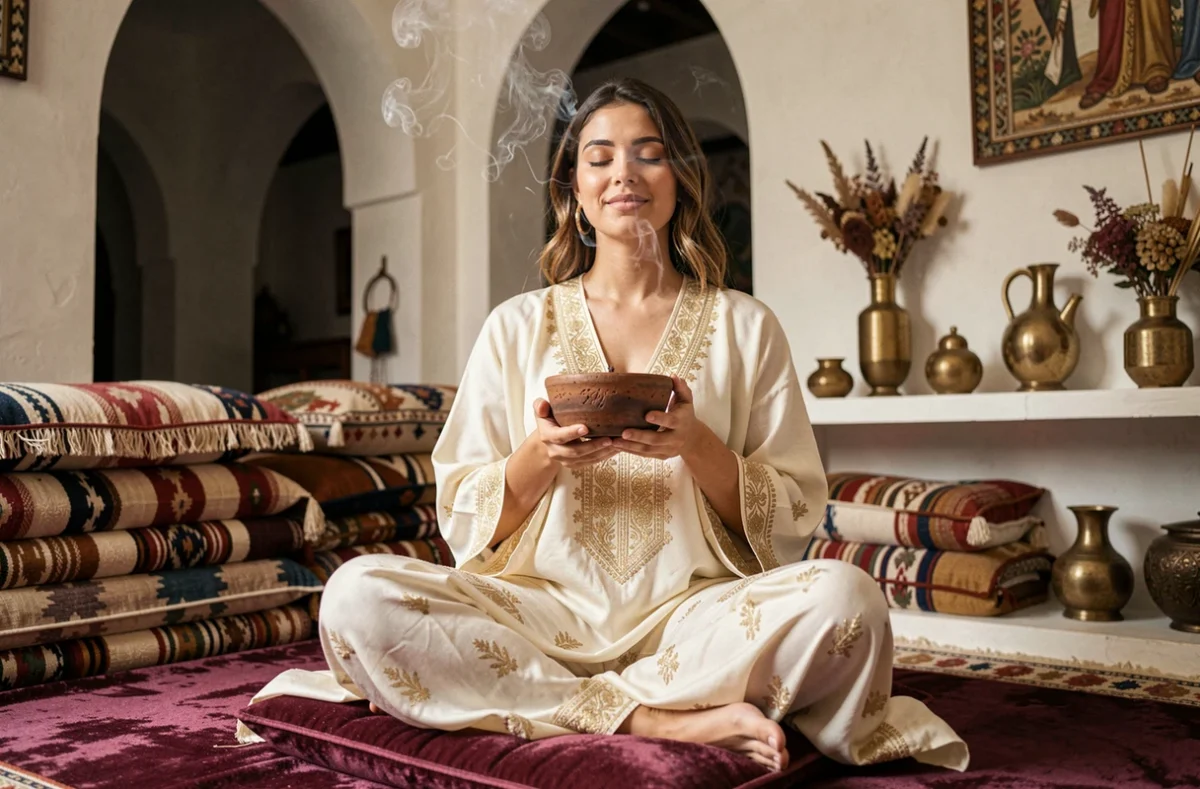 Femme en kaftan ivoire tenant un bol d'encens bakhour dans un salon décoré en style oriental marocain avec coussins kilim