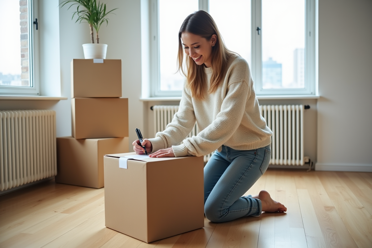 Jeune femme étiquetant une boîte dans son appartement