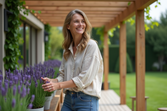 Femme arrangeant des pots de lavande sur une pergola moderne