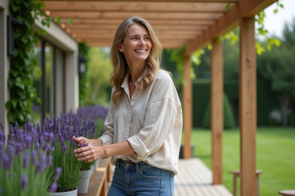 Femme arrangeant des pots de lavande sur une pergola moderne