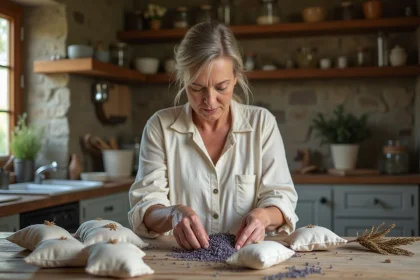 Femme remplissant sachets de lavande dans une cuisine rustique