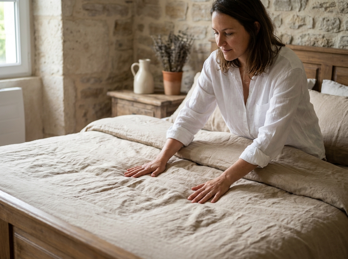 Femme arrangeant un linge de lit en lin lavé beige sur un lit, décor chambre en pierre naturelle style maison de campagne française