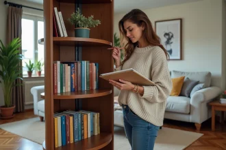 Femme examine un meuble à livres tournant dans un salon cosy