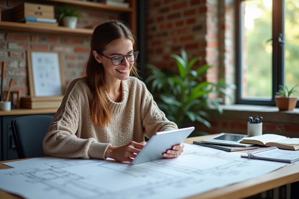 Jeune femme étudiant des plans dans un bureau moderne et lumineux