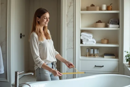 Femme souriante mesurant une baignoire blanche dans une salle de bain moderne