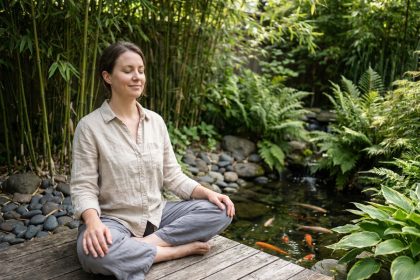Femme méditant dans son jardin zen paisible
