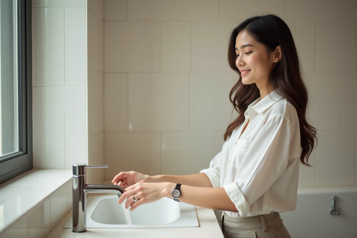 Jeune femme ajuste un robinet dans une salle de bain moderne