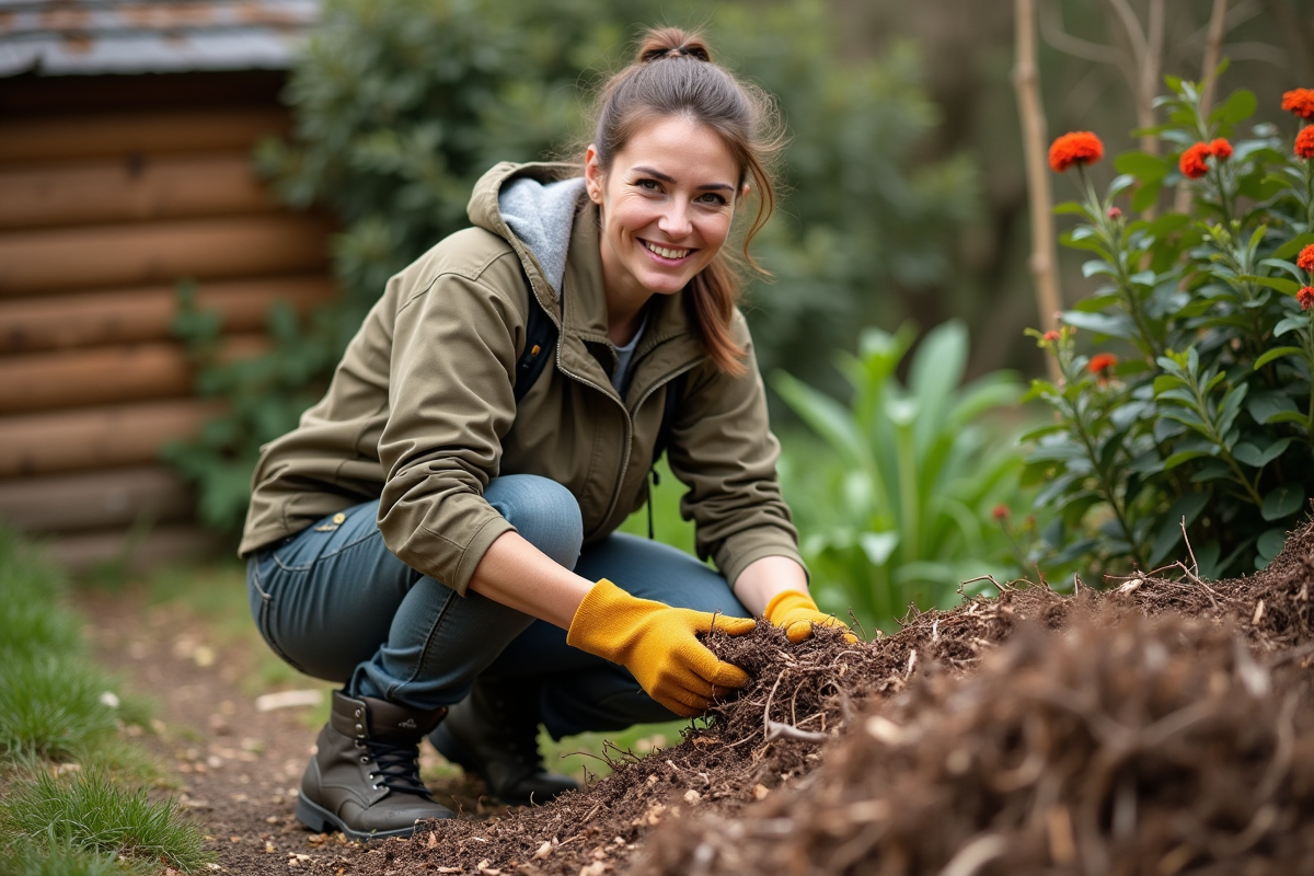 Femme souriante manipulant du mulch près du compost