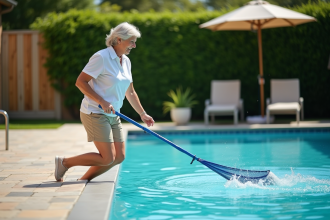 Femme d'âge moyen nettoyant la piscine avec un filet dans un jardin
