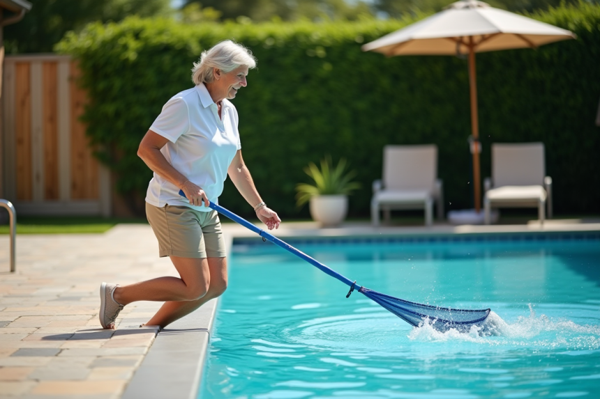 Femme d'âge moyen nettoyant la piscine avec un filet dans un jardin