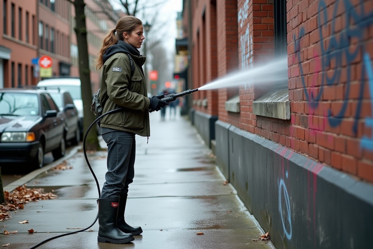 Jeune femme nettoyant un mur en briques en milieu urbain