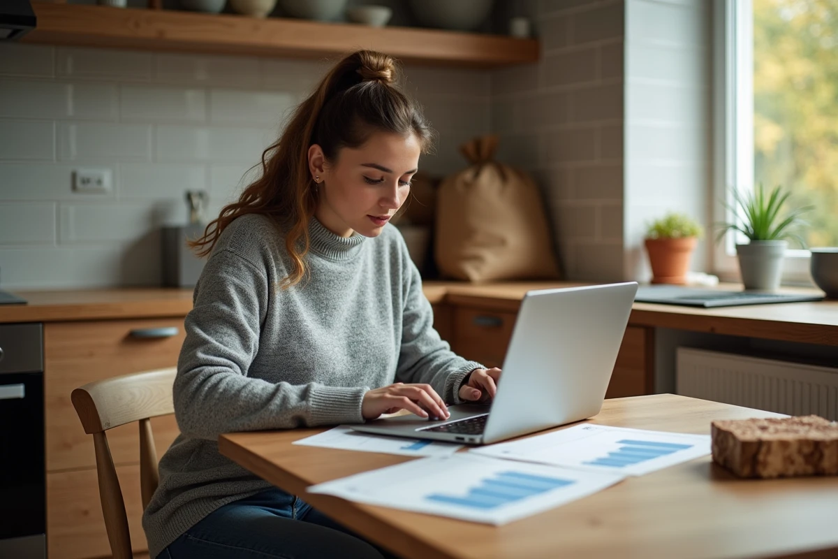 Jeune femme analysant un graphique de prix de pellets à la maison
