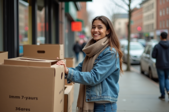Jeune femme dans la rue avec paniers de courses en carton