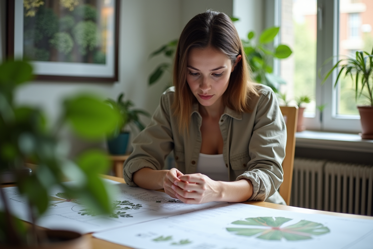 Jeune femme paysagiste analysant des échantillons de feuillage