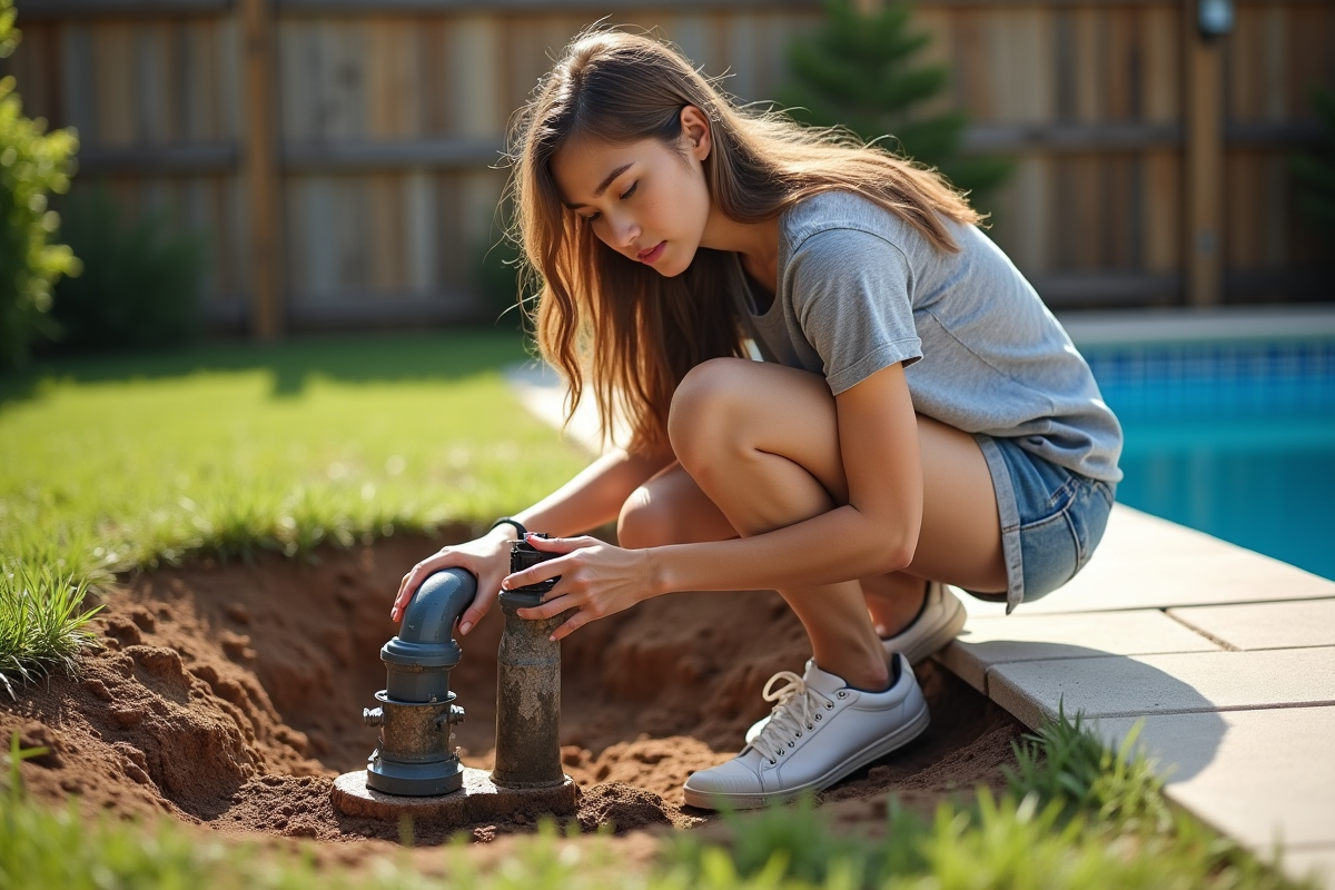 Jeune femme examinant des tuyaux de piscine enterrés en été