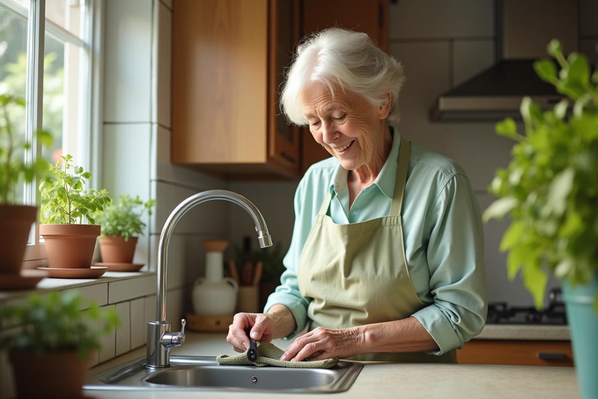 Femme âgée séchant ses outils de jardin dans la cuisine lumineuse