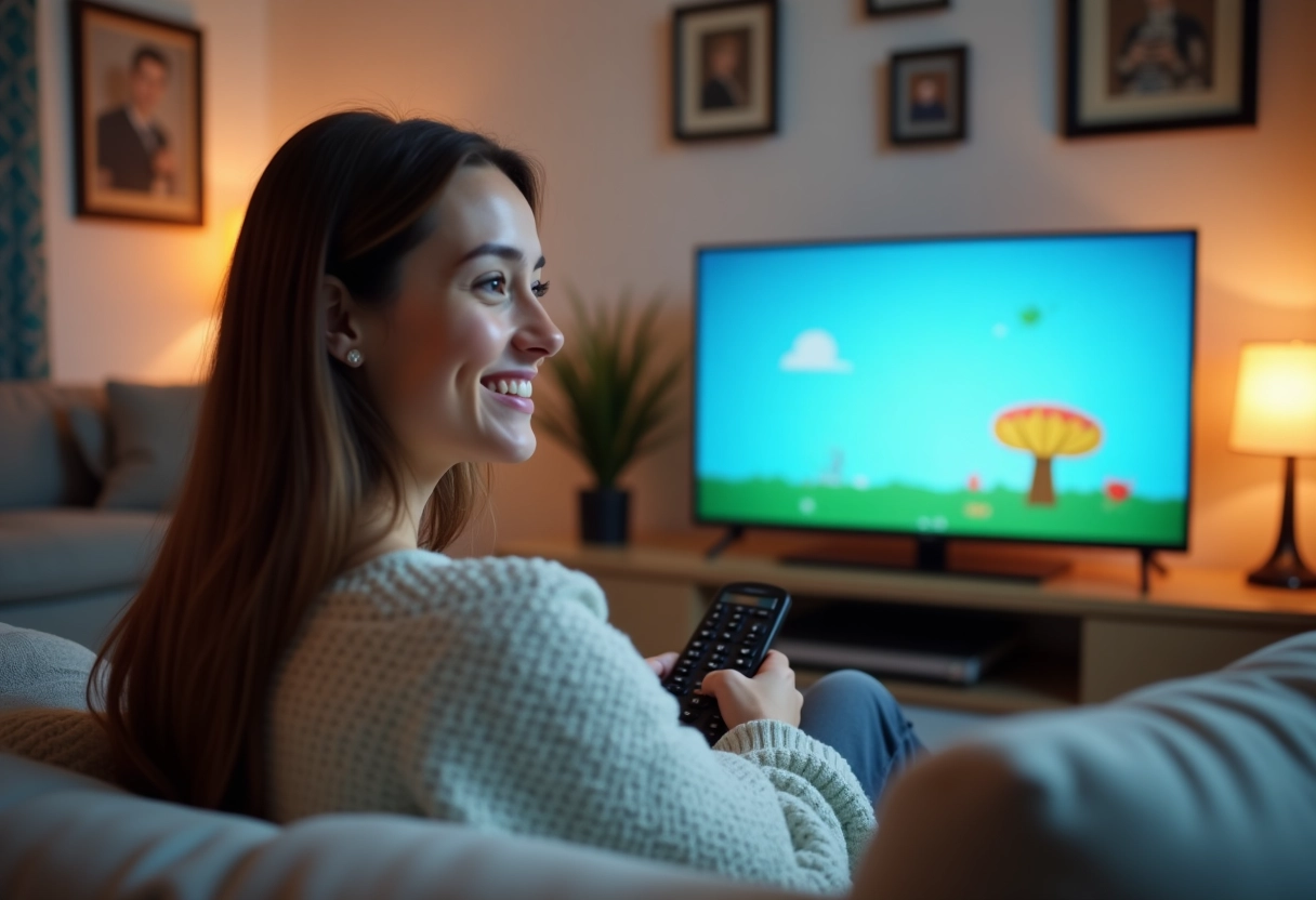 Jeune femme souriante regardant la télévision dans un salon cosy