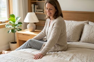 Femme détendue dans sa chambre moderne et lumineuse