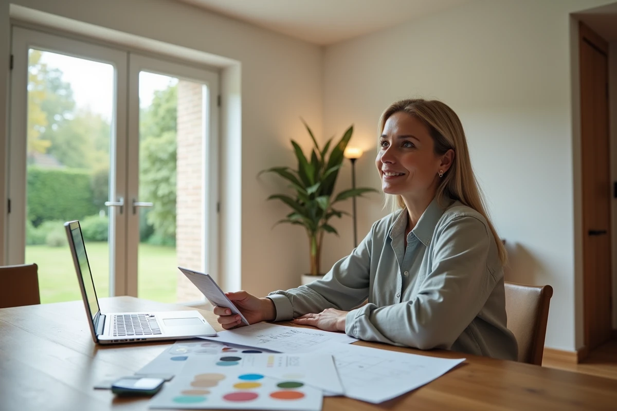 Femme posant avec factures et échantillons dans salon rénové