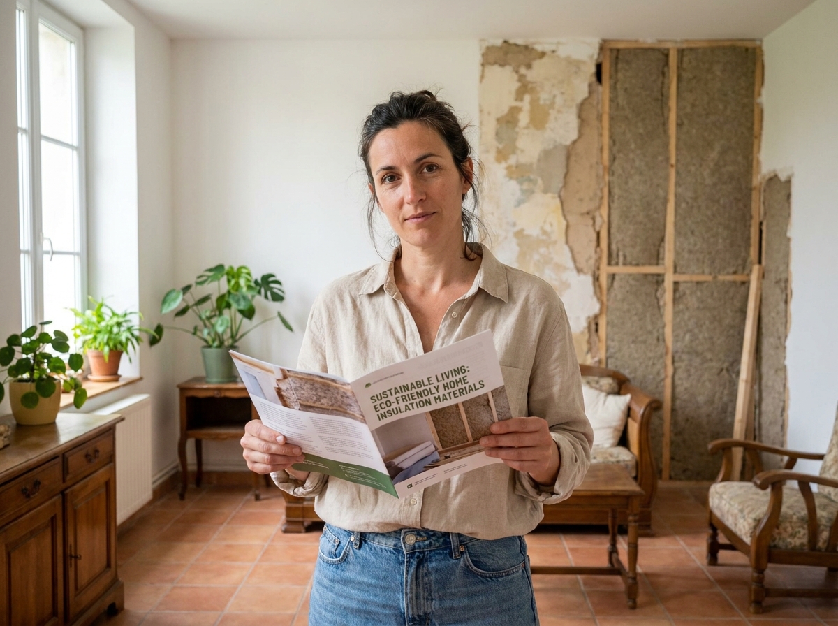 Femme consultant une brochure sur les matériaux d'isolation écologique dans une maison en cours de rénovation