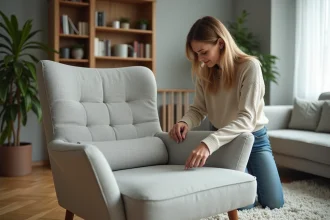 Femme posant un couvre-siège personnalisé dans un salon chaleureux